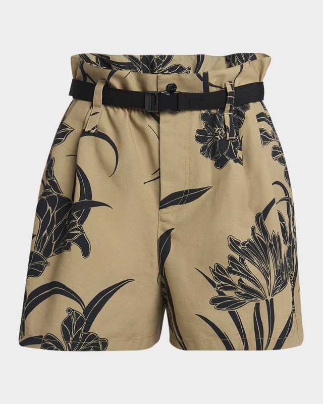 Printed Paper Bag Shorts with Belt